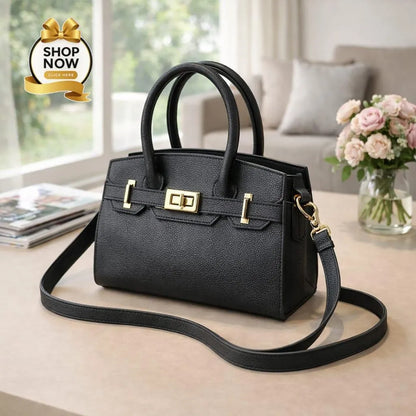 Black Leather Laptop Handbag Medium Size with Belt