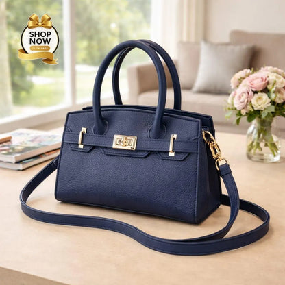 Black Leather Laptop Handbag Medium Size with Belt