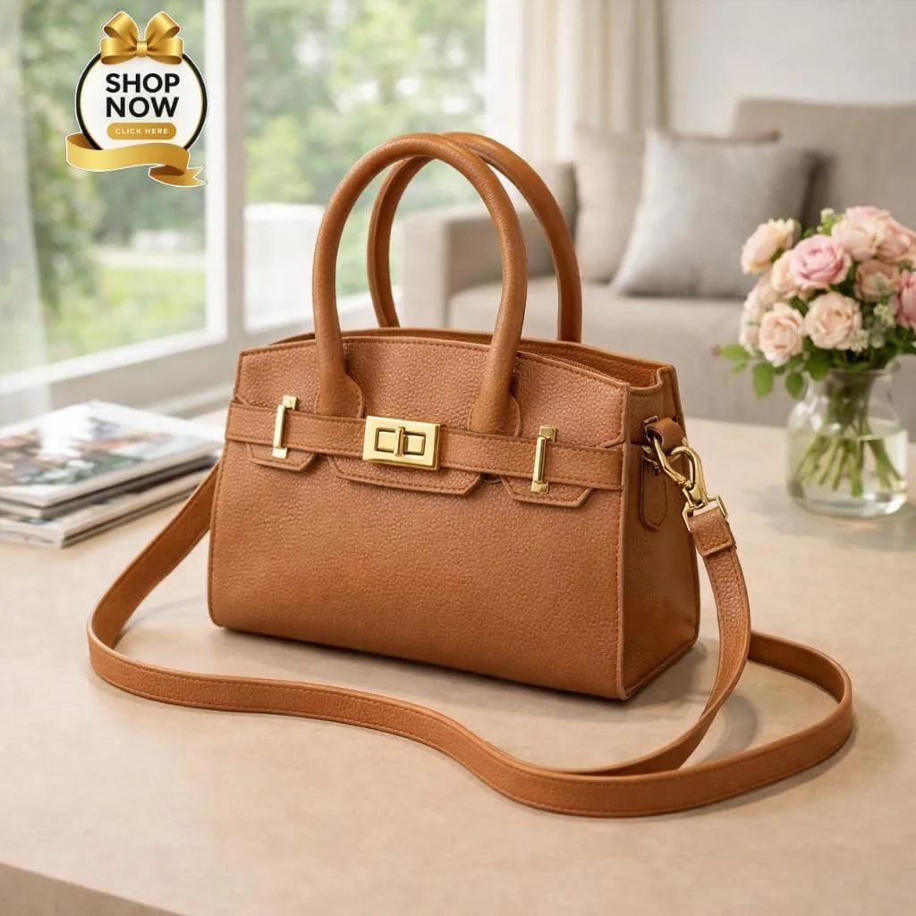 Black Leather Laptop Handbag Medium Size with Belt